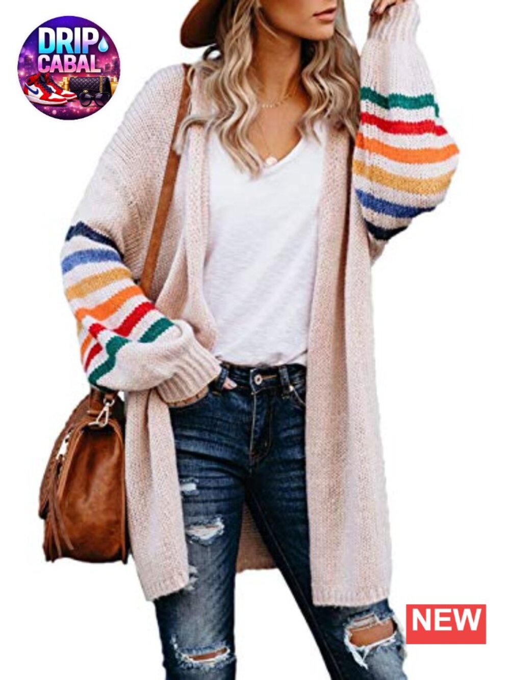 Striped Long Sleeve Loose Knit Open Front Cardigan Sweater Coat